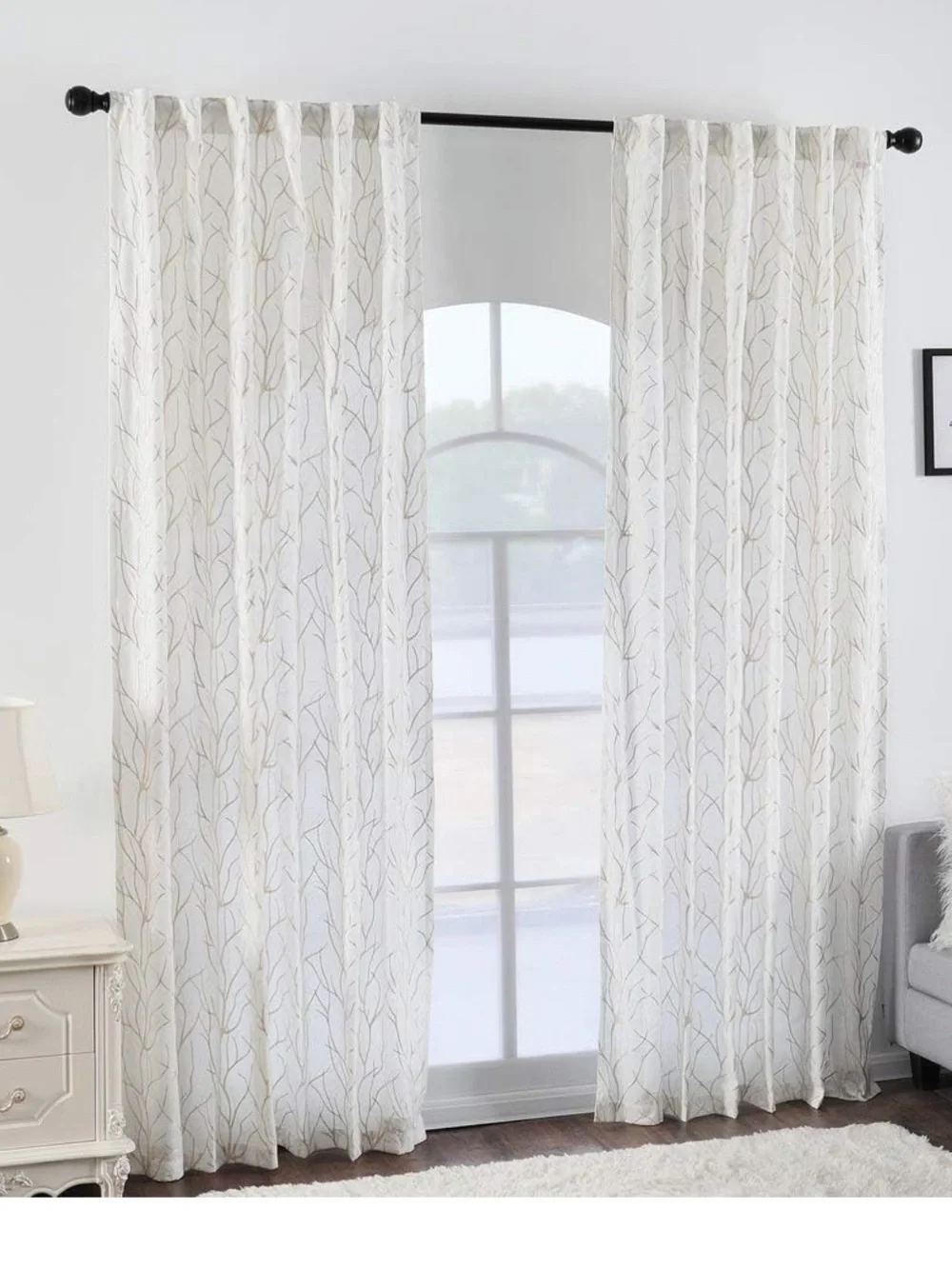 Set of 2 Twin Six Embroidered Curtains Tree Branch white tan 95 x 52 faux linen